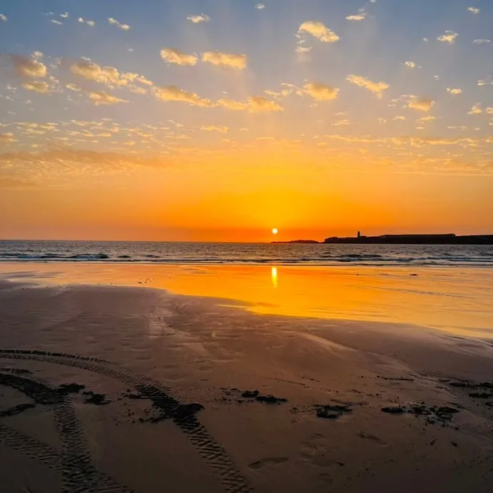 Tyre tracks on the wet sand at first light